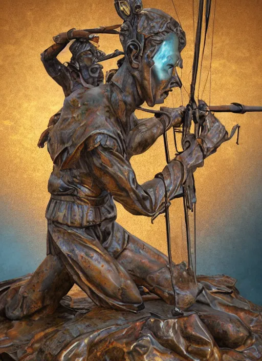 Prompt: An epic fantastic realism comic book style painting of a distressed bronze archery sculpture from the future by Stanislaw Szukalski, beautiful colorful flowers rain down, gilded marbled paper overlay, fisheye lens, unreal 5, DAZ, hyperrealistic, octane render, dynamic lighting