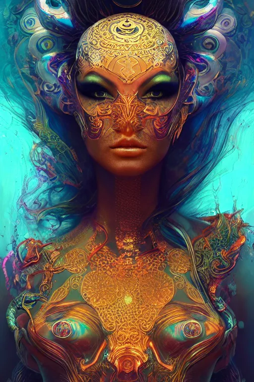 Prompt: a centered render of an alluring goddess wearing a psychedelic mask surrounded by a underwater ink pour, perfect face, powerful, cinematic, beautifully lit, by artgerm, by karol bak, 3 d, trending on artstation, octane render, 8 k