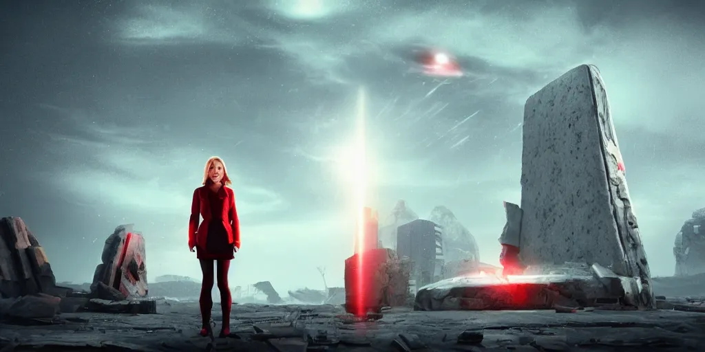 Image similar to a blonde girl standing front of a huge towering and broken stone tablet with red light + alien pattern + an abandoned spaceship, stands in the center of a prosperous city at the end of the world, and the power and energy is explode, secret, mysterious, doomsday, landscape, 2 4 mm lens, video game control, quantum break, arknights,