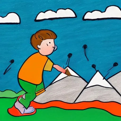 Prompt: boy with his eyes closed, drawing pictures on a notebook, colorful painting, in the style of wes anderson, mountains in the background