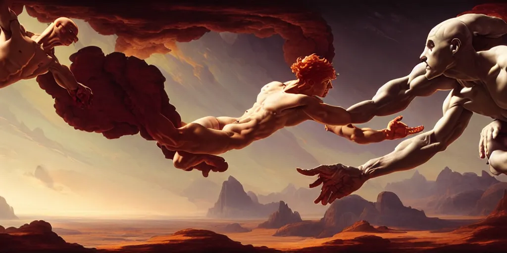 Image similar to the creation of adam by michelangelo, ultra detailed android, scifi, octane render, matte painting, asymmetrical, intricate concept art, triadic color scheme, art by artgerm and michelangelo and dzo and greg rutkowski and alphonse mucha and wlop