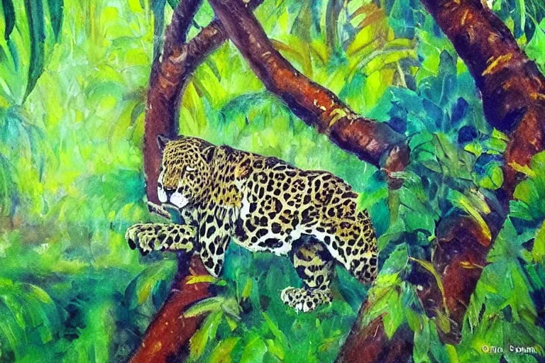 Prompt: beautiful impressionist painting of a jaguar in the rainforest