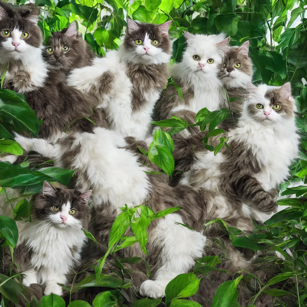 Image similar to ragdoll cats in a jungle, hyperrealistic, photorealism, realistic lighting, 4k