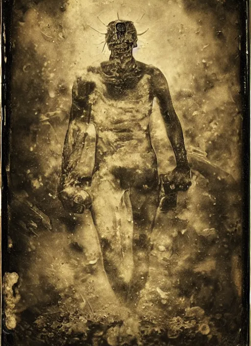 Image similar to old wetplate daguerreotype half man, half demon, explosion of data fragments, fractal, intricate, elegant, highly detailed, parallax, leica, medium format, subsurface scattering, by jheronimus bosch and greg rutkowski and louis jacques mande daguerre