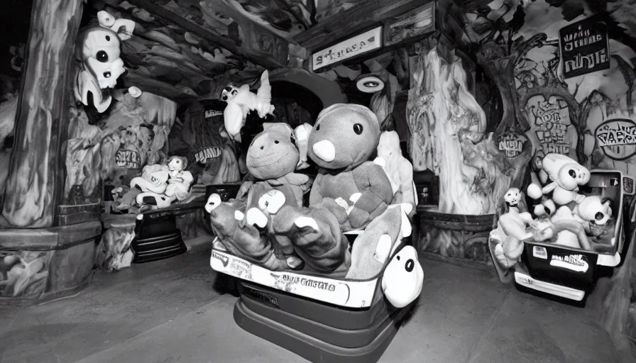 Image similar to 1990s photo of inside the Haunted Beanie Babies ride at Universal Studios in Orlando, Florida, riding a Beanie Baby through a haunted world , cinematic, UHD