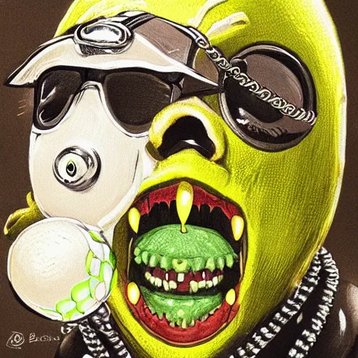 Image similar to a tennis ball monster , balaclava, hip hop, gold chain necklace, diamond teeth, digital art, fantasy, magic, trending on artstation, ultra detailed, professional illustration by Basil Gogos