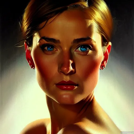 Image similar to close up face of a extremely beautiful bond female vam pire portrait, Masterpiece, oil on canvas, artgerm, norman rockwell, craig mulins, trending on pxiv,