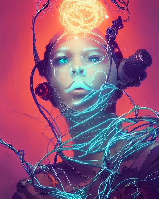 Prompt: cyborg beauty portrait, energy aura, tangled vines and cables sparking electrical flares, peter mohrbacher, ross tran, ismail inceoglu, sylvain sarrailh