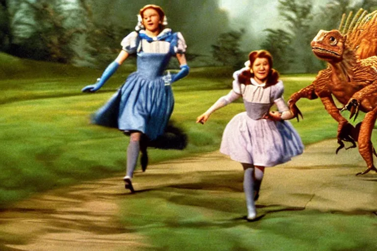 Image similar to Dorothy from the wizard of oz being chased down the yellow brick road by a velociraptor