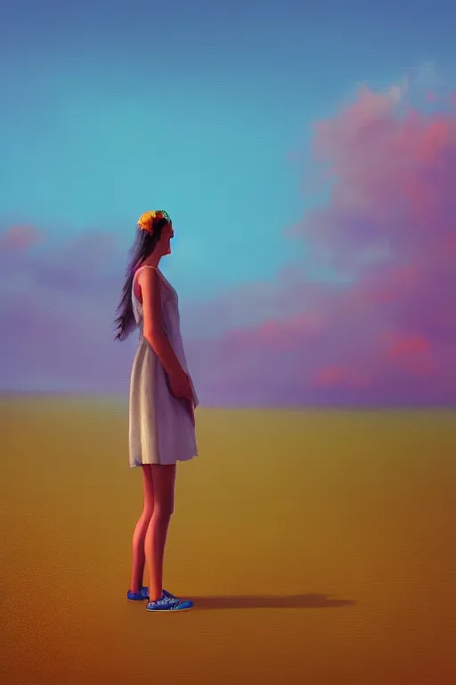 Image similar to closeup huge dahlia flower head, girl standing on beach, surreal photography, blue sky, sunrise, dramatic light, impressionist painting, digital painting, artstation, simon stalenhag