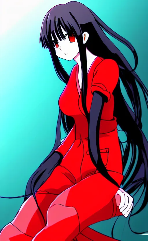 Image similar to anime girl with a detailed face and black hair in a red outfit under an empty space, full body, trending, illustration, by hiroyuki imaishi