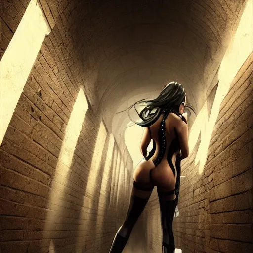 Image similar to a school boy being intimidated by a succubus in a leather suit, devi wings, cracked brick wall, long hallway, light at the end of the tunnel, volumetric lighting, concept art, detailed, dramatic lighting, by wlop, artgerm