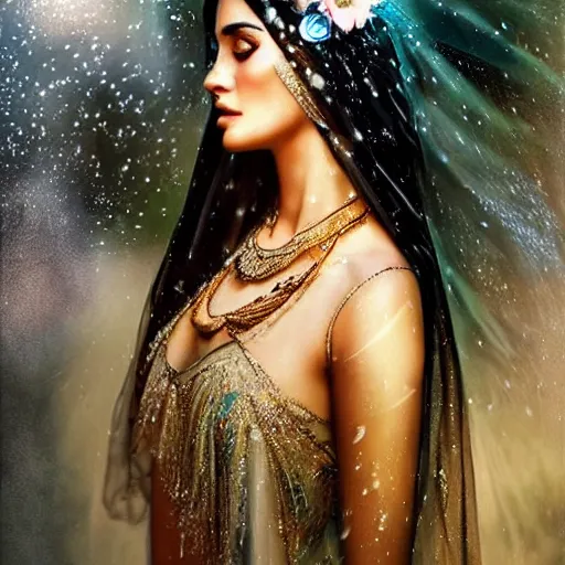 Image similar to beautiful Arab woman, white transparent veil black hair, bathing in a waterfall, ethereal, emotive, fine art, water mist, mystical, Romanticism, natural light, cinematic lighting, ultra detailed, highly detailed, sharp focus, golden background with flowers, golden jewellery with blue sapphires, photographic, art by artgerm and greg rutkowski and zdislav beksinski