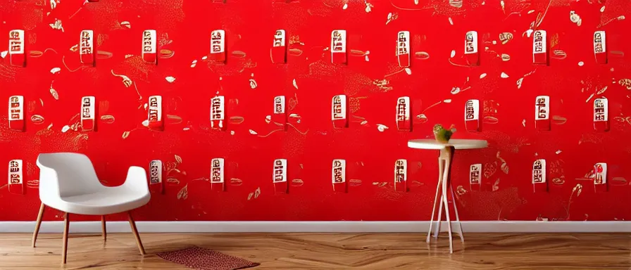 Prompt: a beautiful 4 k hd red wall paper illustration of roasted string hotpot, red wallpaper design, simple style, kebab hotpot style, commercial kebab hotpot wallpaper display, wall painting, from china, simple structure, surrealistic, chinese style, victo ngai, james jean, denoise, deblurring