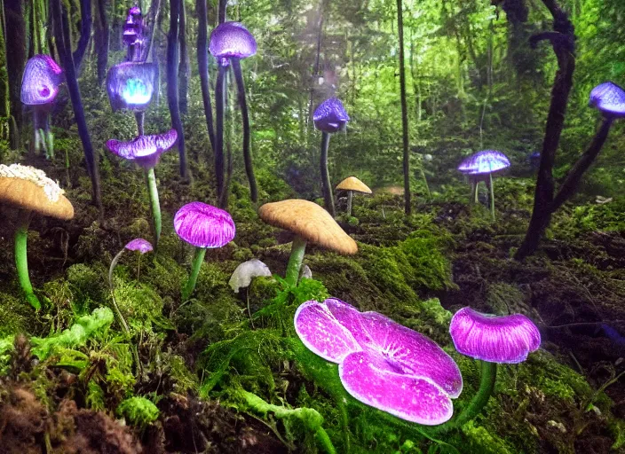 Prompt: glowing delicate flower and mushrooms that grow in fatansy forest on the planet Pandora,