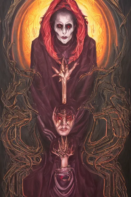 Prompt: portrait of an sinister mysterious prophetic bright cult leader performing a dark sacrifice, oil on canvas, fantasy, gothic style, ornate, elegant, highly detailed, surreal, concept art, trending on artstation