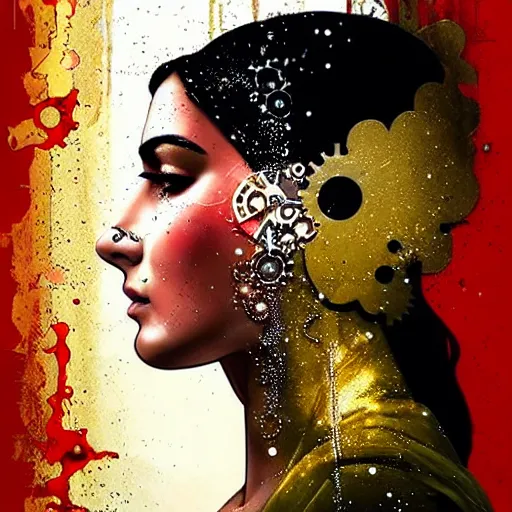 Image similar to portrait of pakistan woman :: side profile :: in ocean :: clockwork details :: gold :: blood and horror :: by marvel and Sandra Chevrier