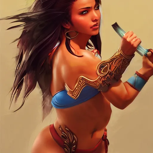 Image similar to very beautiful female latin warrior in a bikini, happy appearance, ioyful vibe and lighting, cgsociety, artstation, in the style of artgerm