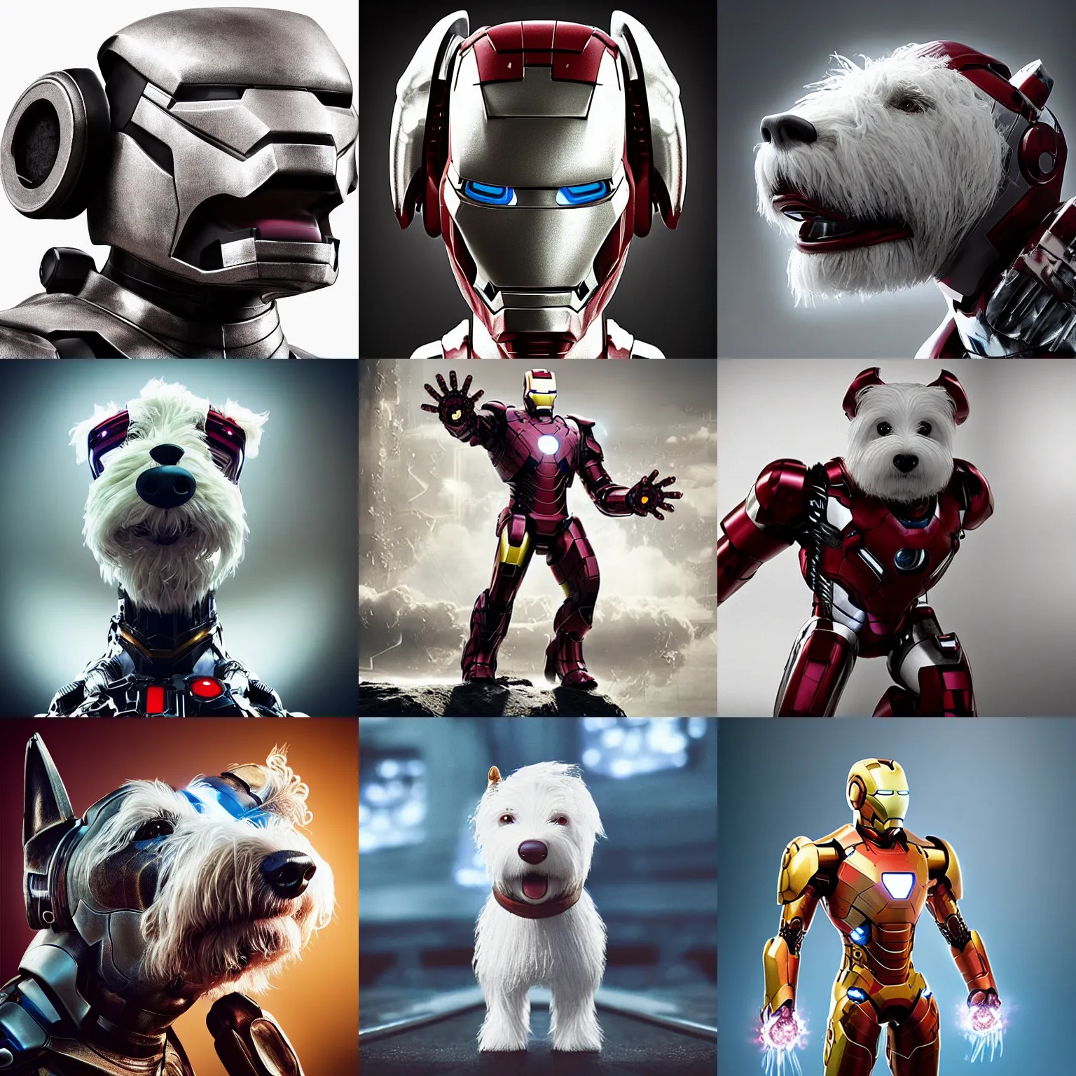 Prompt: “An anthropomorphic West-Highland-White-Terrier iron man, UHD, hyperrealistic render, 4k, cyberpunk”