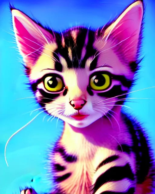 Image similar to hyper - realistic portrait of a very cute kitten, pink bow, big eyes, looking into the camera, gta v cover art, celshading, sharp focus, intricate, detailed, rhads, andreas rocha, makoto shinkai, lois van baarle, ilya kuvshinov, greg rutkowski, dynamic lighting, grunge aesthetic, 4 k