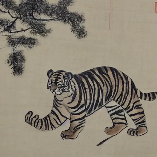 Prompt: a Chinese ancient ink drawing of a tiger