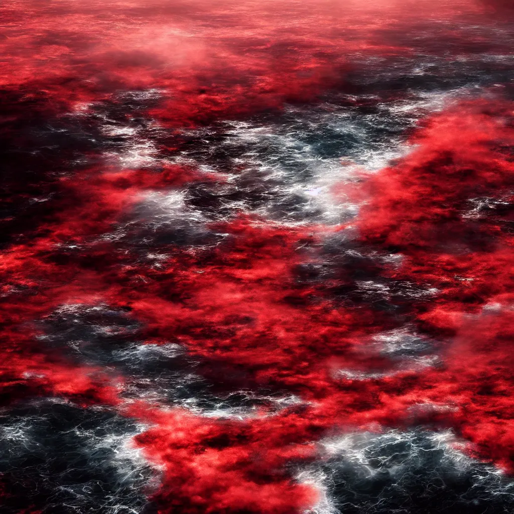 Image similar to a churning, boiling red sea with lots of smoky black and red steam, fantasy digital art, octane render, beautiful composition, gridless DND map, masterpiece