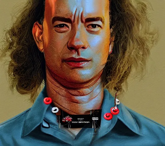 Image similar to Tom hanks as forrest gump wearing a necklace made out of shrimps around the neck, realistic face, digital art, in the style of Marta Dahlig, amazing detail, artstation, long shot