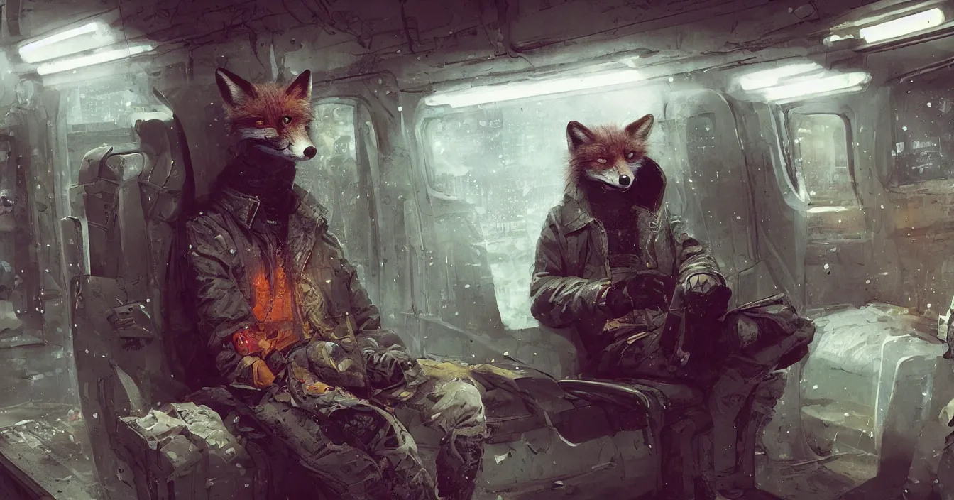 Image similar to Imagination of intelectual homeless fox with hood over head and old coat, sits on a dirty cold seat in a old cyberpunk subway car, cyberpunk 2077, amazing digital art