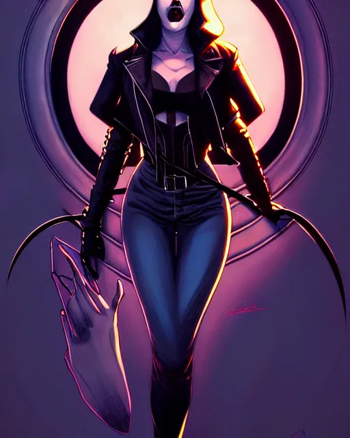 Image similar to rafael albuquerque comic art, art nouveau, peter mohrbacher, artgerm, pretty scarlett johansson vampire sharp vampire teeth open mouth, symmetrical eyes, black leather jacket, jeans, long blonde hair, full body