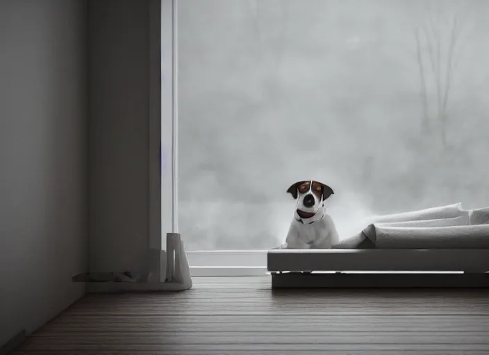 Image similar to photography of a Jack Russel . watching outside the window. on a bed .in a 3d rendered white room. octane render, 3d, foggy, volumetric light, volumetric fog, photorealistic, unreal engine 5, award winning photo, 100mm, sharp, cloth, high res