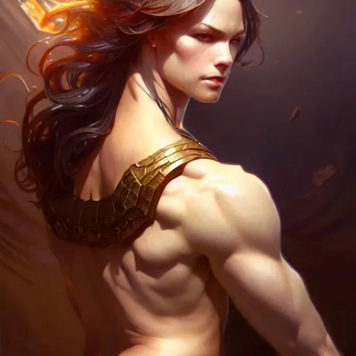 Image similar to , muscular upper body, D&D, fantasy, intricate, elegant, highly detailed, digital painting, artstation, concept art, smooth, sharp focus, illustration, art by artgerm and greg rutkowski and alphonse mucha