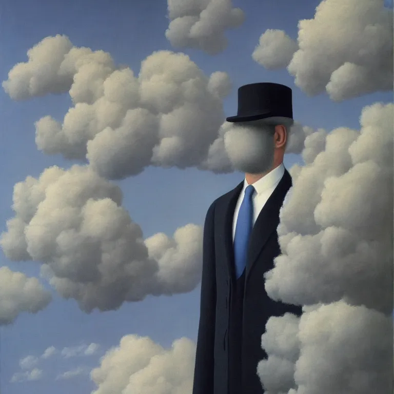 Image similar to portrait of a man made out of clouds in a suit, by rene magritte, detailed painting, hd, hq, high resolution, high detail, 4 k, 8 k