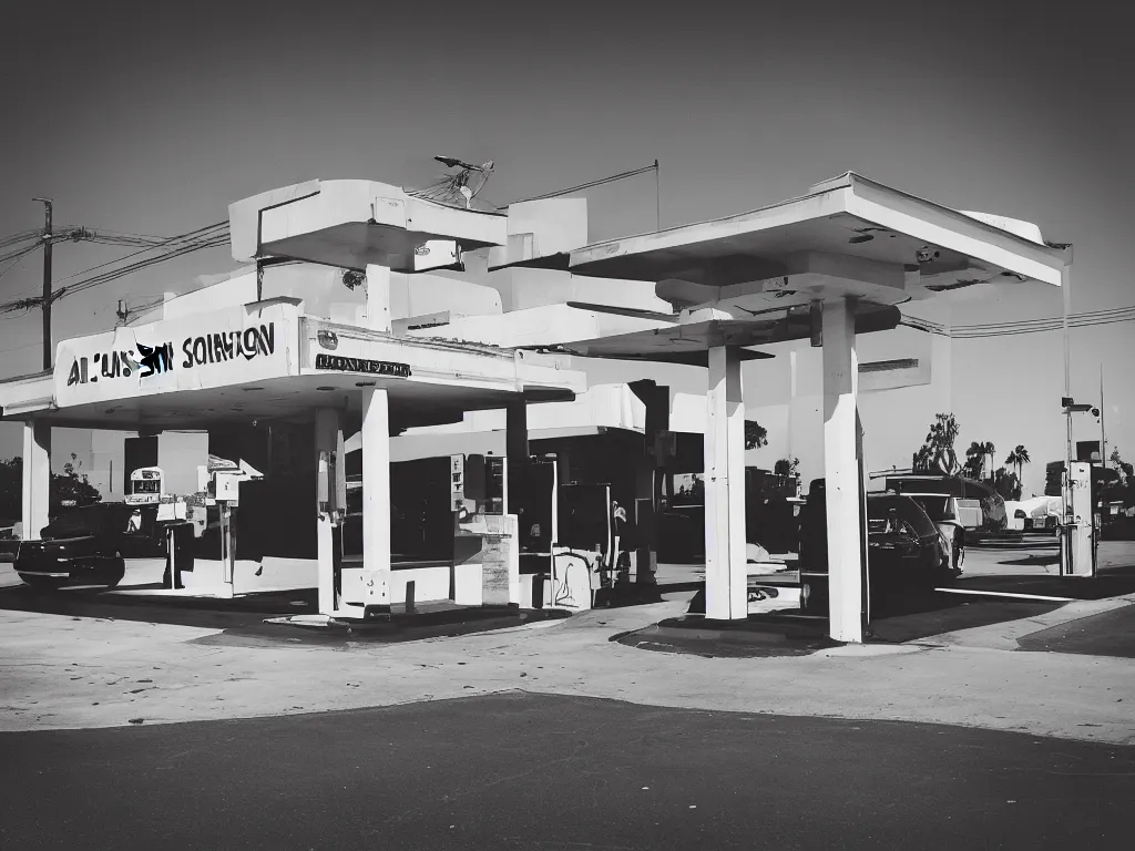 Image similar to “A black and white 35mm photo of a vintage gas station in Los Angeles”