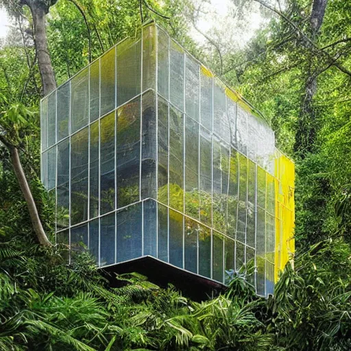 Prompt: “exterior shot of a crystalline glass house with translucent yellow mesh tarps in a dense jungle”