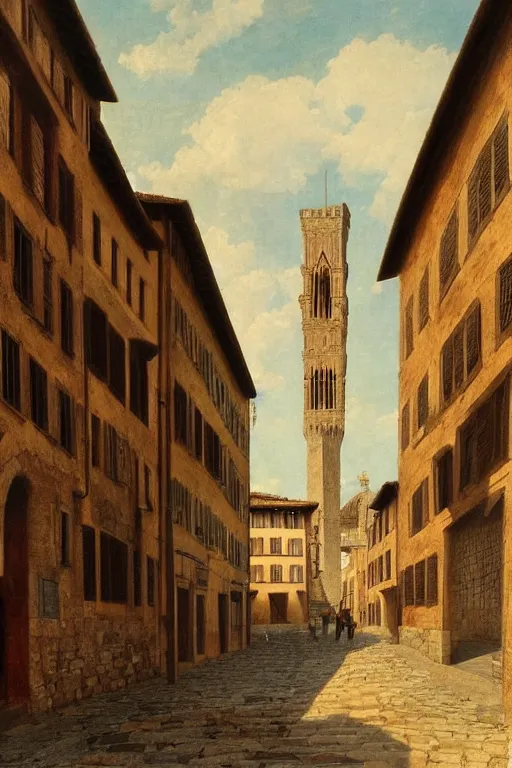 Image similar to florence old street in 1 6 th century with a tower in background by hiroshi yoshida, trending on artstation