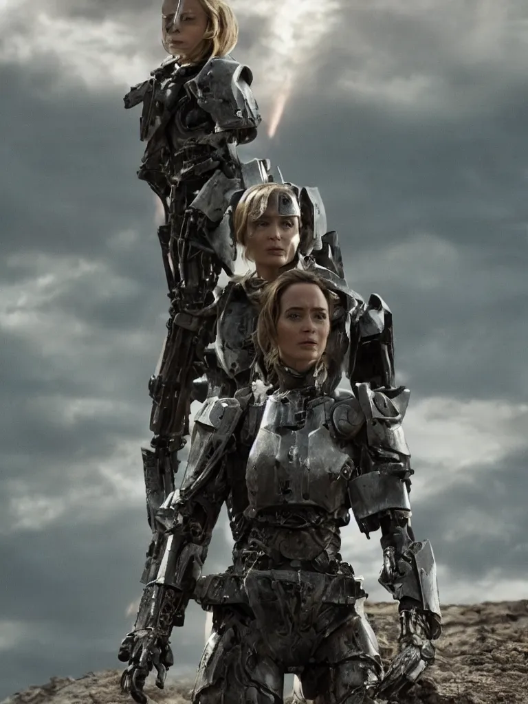 Image similar to emily blunt in futuristic power armor, alone, standing atop a hill, raising her sword, edge of tomorrow movie, angel of verdun, sunset