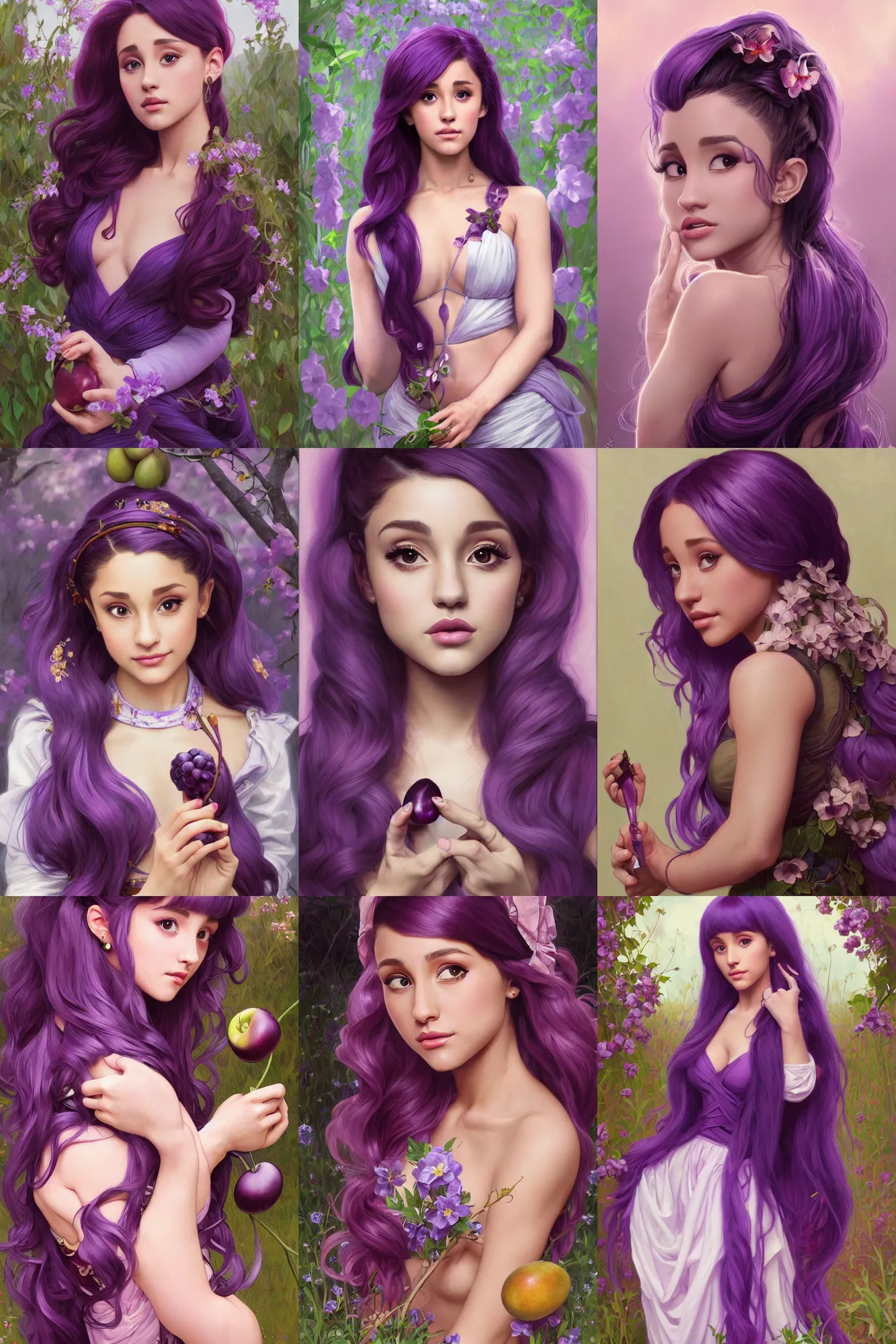 Prompt: beautiful cottagecore Ariana Grande holding a purple plum, purple hair, intricate, elegant, highly detailed, digital painting, artstation, concept art, smooth, sharp, focus, illustration, art by artgerm and greg rutkowski and alphonse mucha