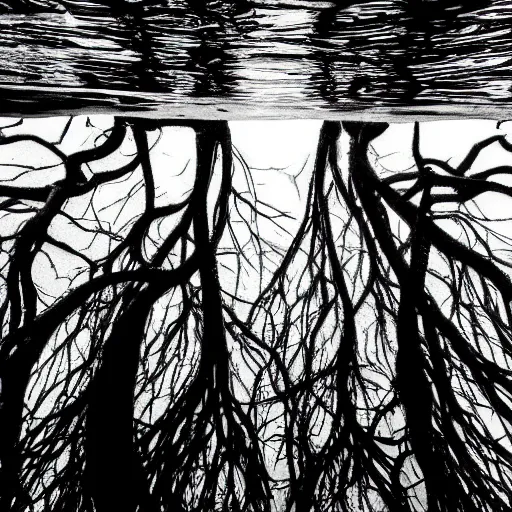 Prompt: roots underwater, award winning black and white photography, high contrast, high definition