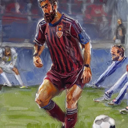 Prompt: a soccer player at a game, angry, bearded, mediterranean features, fantasy character full body portrait by Michael Garmash, Donato Giancola