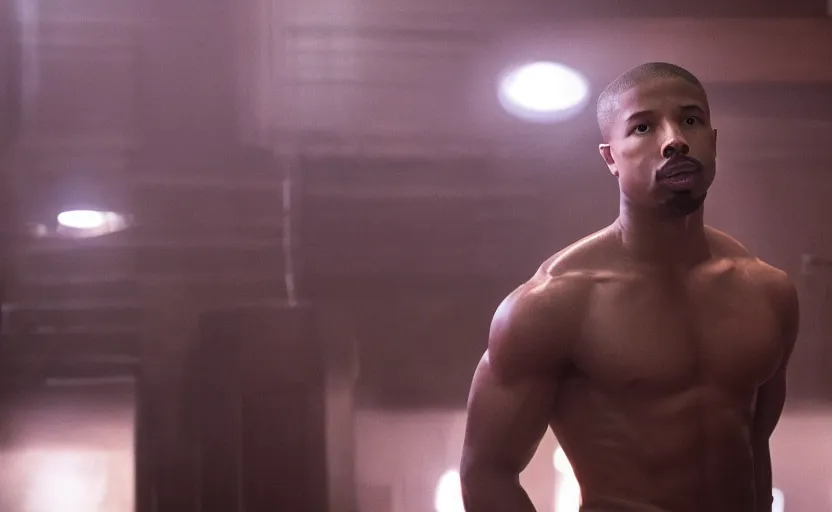 Image similar to Michael B. Jordan as Pop Smoke in 'WOO' (2024), movie still frame, oscar nominated cinematography, volumetric lighting, 8k resolution, beautiful composition