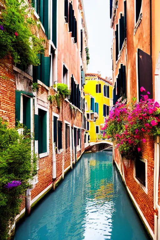 Prompt: Within a pathway in the Venice Italy Canals, beautiful raking sunlight, apartments with colorful balconies, flowers, laundry hanging, bridges, gondolas, width 768