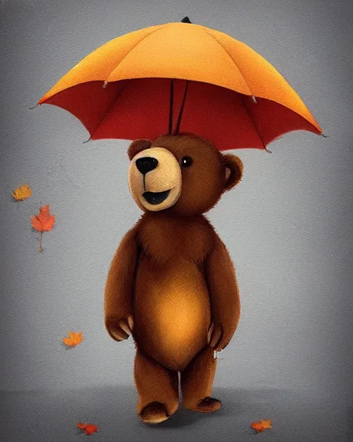 Prompt: autumn a cute bear with an umbrella by bramofzo trending on artstation