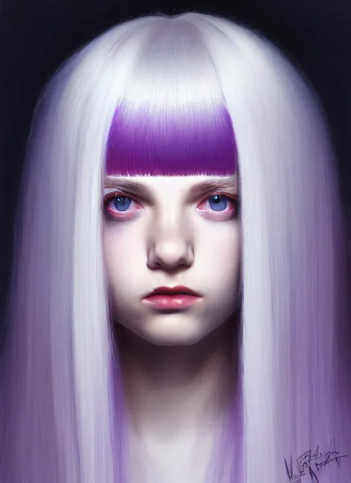 Image similar to hair whitebangs hair, black hair, whitebangs, portrait of teenage girl with white bangs, red irises, purple clothes, white bangs, bangs are different color from hair, intricate, elegant, glowing lights, highly detailed, digital painting, artstation, concept art, smooth, sharp focus, illustration, art by wlop, mars ravelo and greg rutkowski