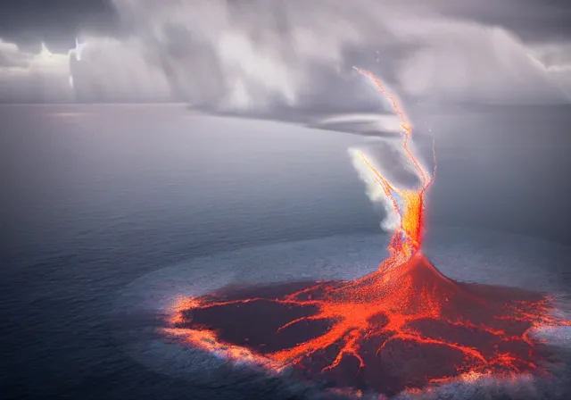 Prompt: aerial drone view of Anak Krakatau volcano by Bernard Edmaier,turbulent smoke in the shape of barong, storm weather at night ,volumetric lightning,islands,structural geology, high quality,digital concept art,realistic,photorealistic,8k