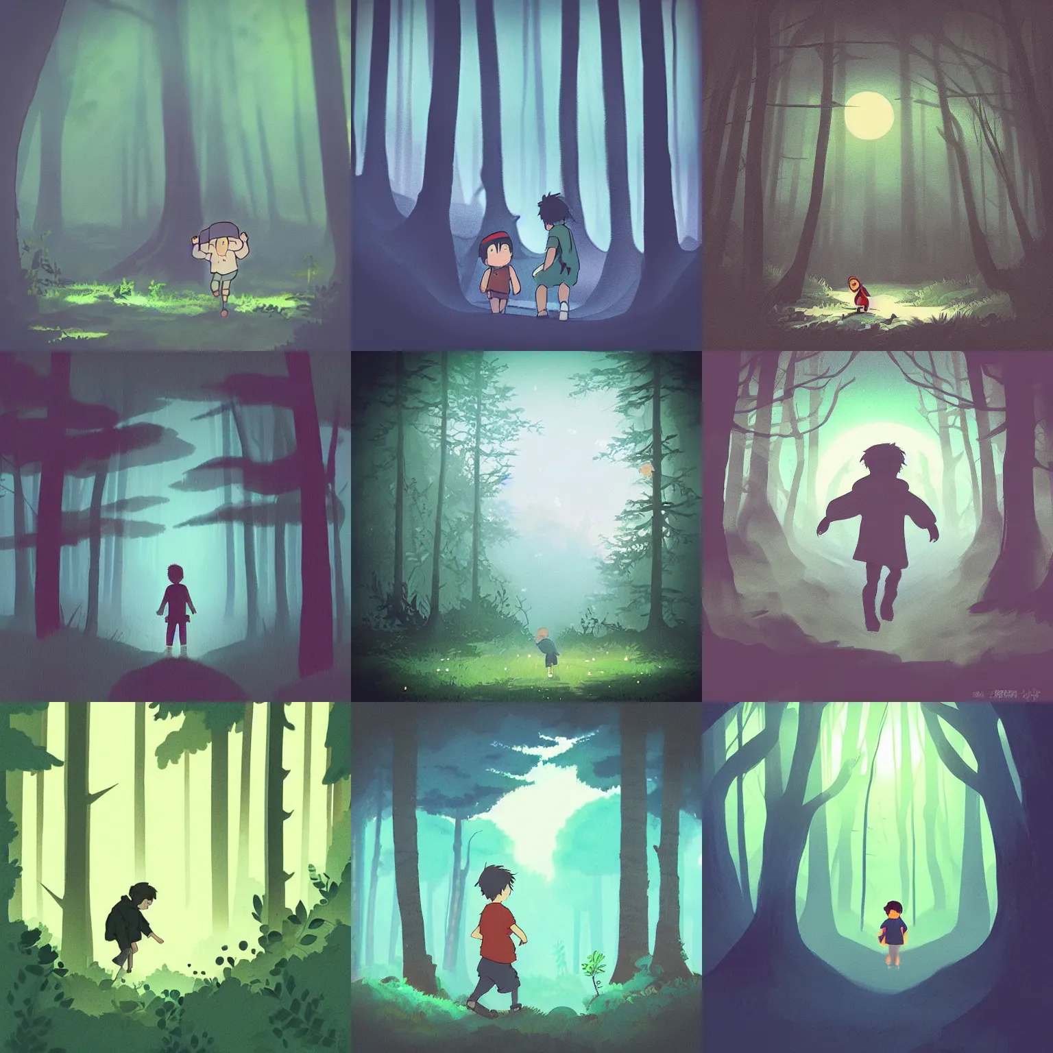 Prompt: “a boy been chased through a dimly lit forest at night. In the style of Studio Ghibli”