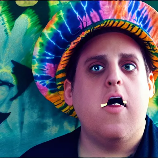 Image similar to A still of Jonah Hill with blonde hair wearing a tie dye t-shirt and a hat, smoking in One Piece Anime Series