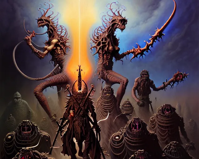 Image similar to the army of darkness and demons, fantasy character portrait made of fractals facing each other, ultra realistic, wide angle, intricate details, the fifth element artifacts, highly detailed by peter mohrbacher, hajime sorayama, wayne barlowe, boris vallejo, aaron horkey, gaston bussiere, craig mullins