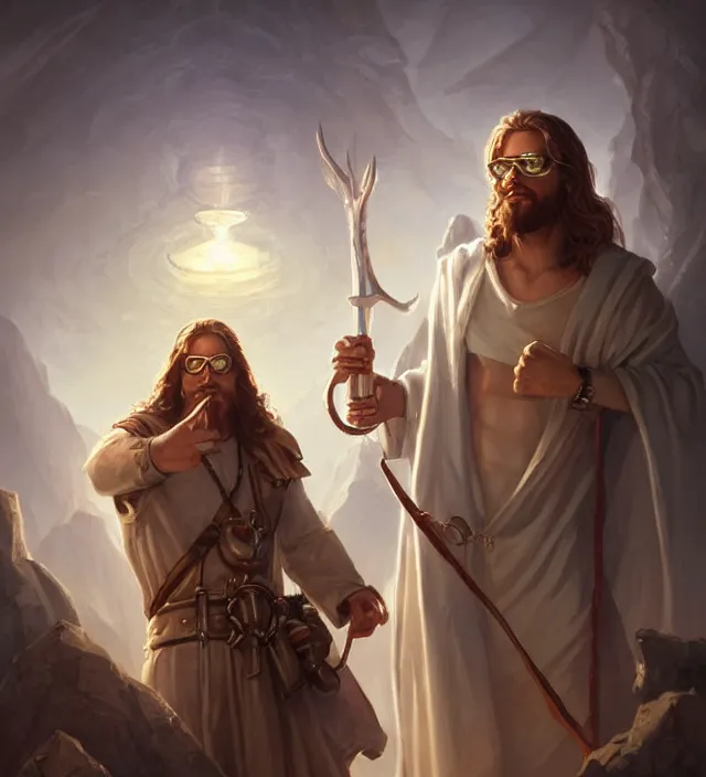 Prompt: white jesus cellphone salesman with glasses, dnd character art portrait, matte fantasy painting, deviantart artstation, by jason felix by steve argyle by tyler jacobson by peter mohrbacher, cinema