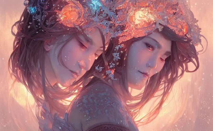 Image similar to beautiful ancient frost witch, fire in eye, snow glow, pool party, highly detailed, digital painting, artstation, sharp focus, illustration, art by tan zi and ayanamikodon and alphonse mucha and wlop