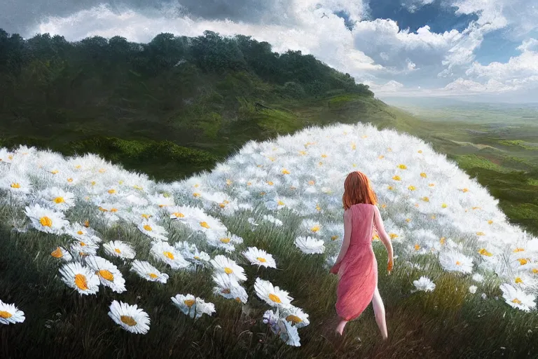 Image similar to giant white daisy flower head, girl walking on cliff, surreal photography, solar eclipse, milky way, dramatic light, impressionist painting, clouds, digital painting, artstation, simon stalenhag